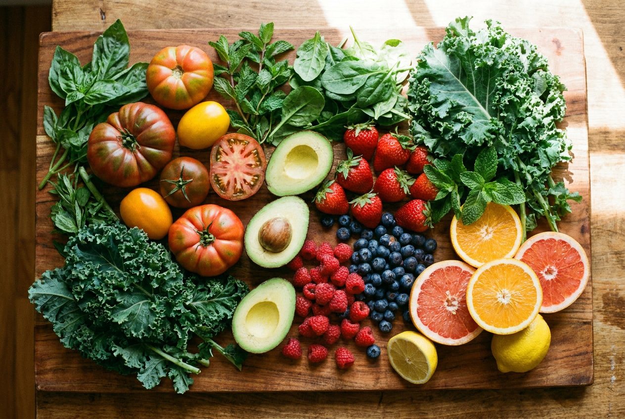 Ingredientes frescos e coloridos sobre tábua de madeira