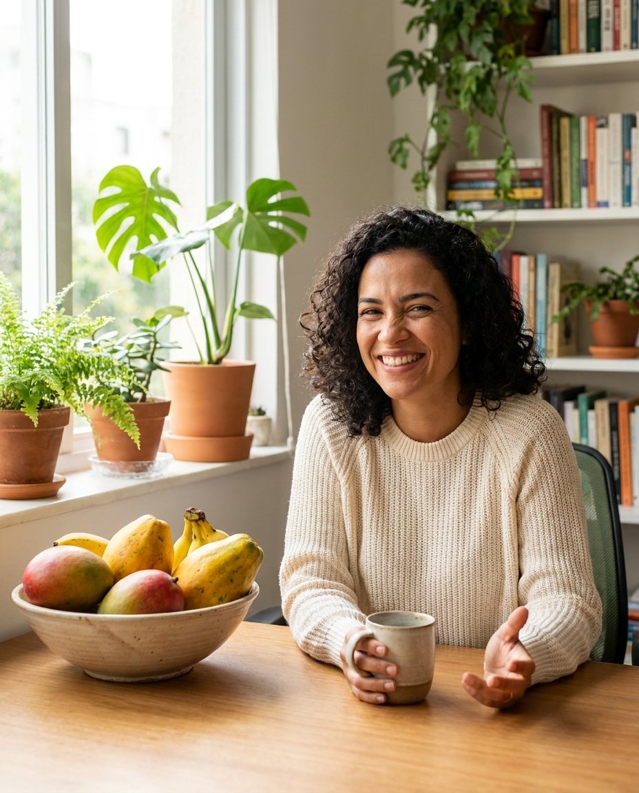 Marina Alffonso, nutricionista, sorrindo em seu consultório com plantas e frutas frescas