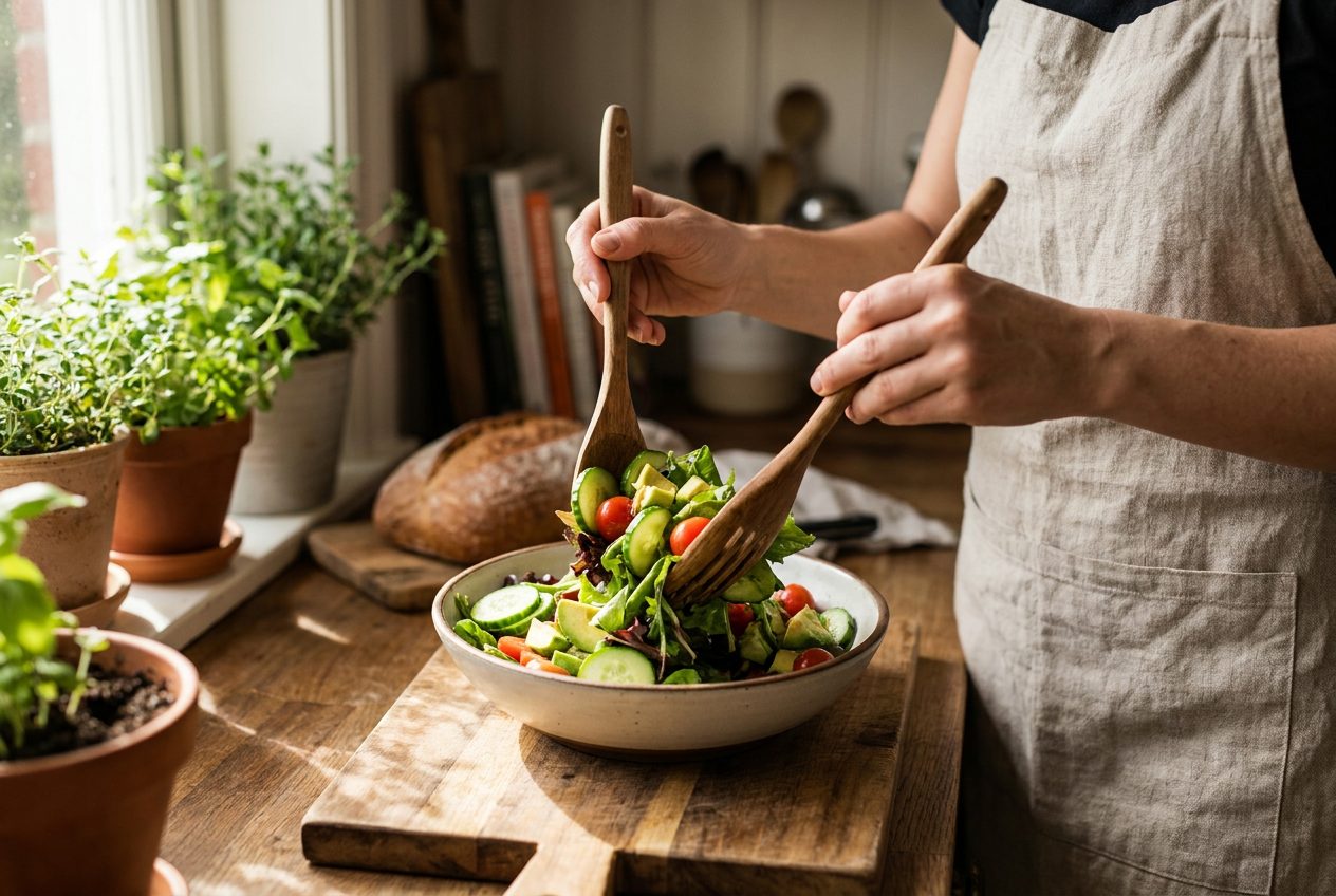 Mãos preparando uma salada fresca numa cozinha aconchegante