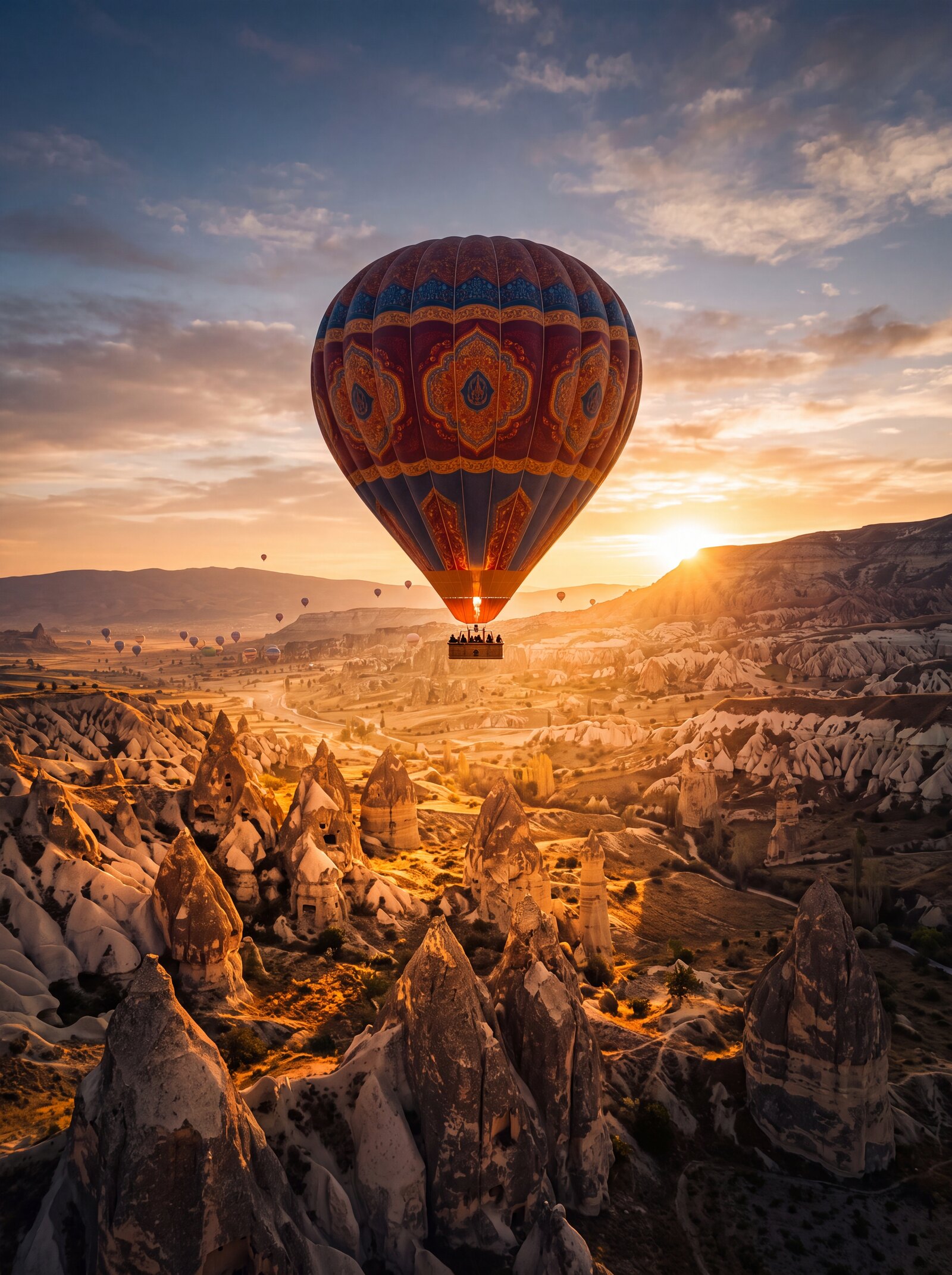 Balão sobre as chaminés de fada da Capadócia ao amanhecer, Turquia