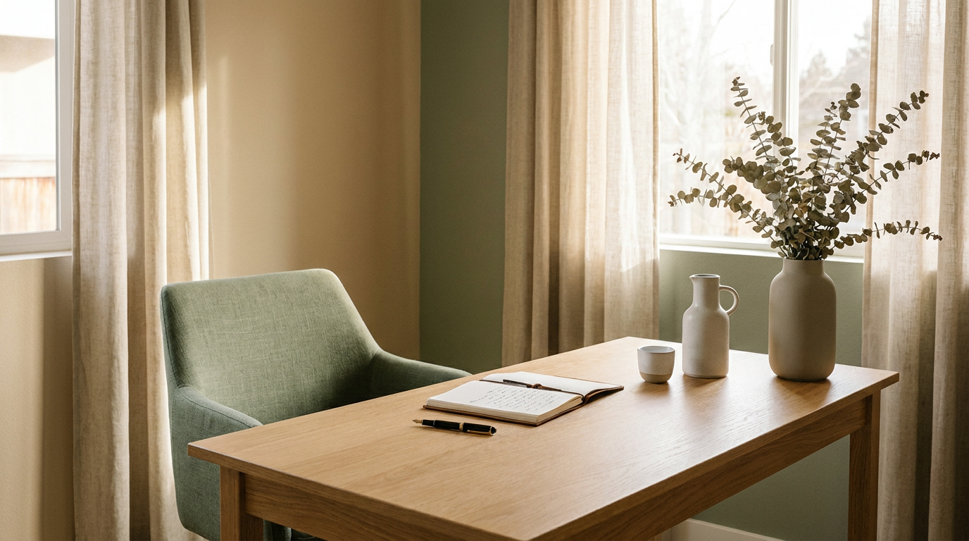Detalhe da mesa de atendimento, caderno entre médica e paciente