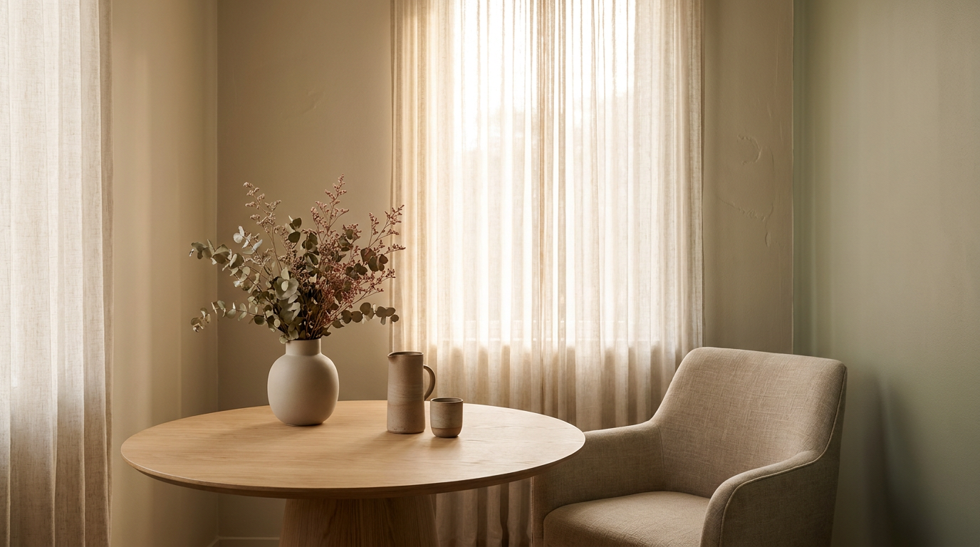 Sala de escuta da clínica Aurora, luz natural sobre poltrona de linho e galhos de eucalipto