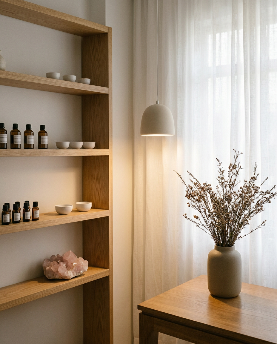 Interior do atelier Vila Bela com cristais e linho