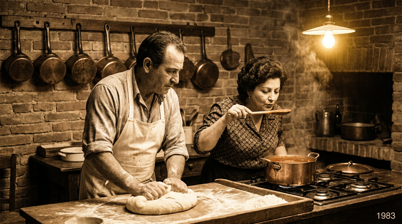 Casal italiano cozinhando juntos nos anos 80, foto sépia