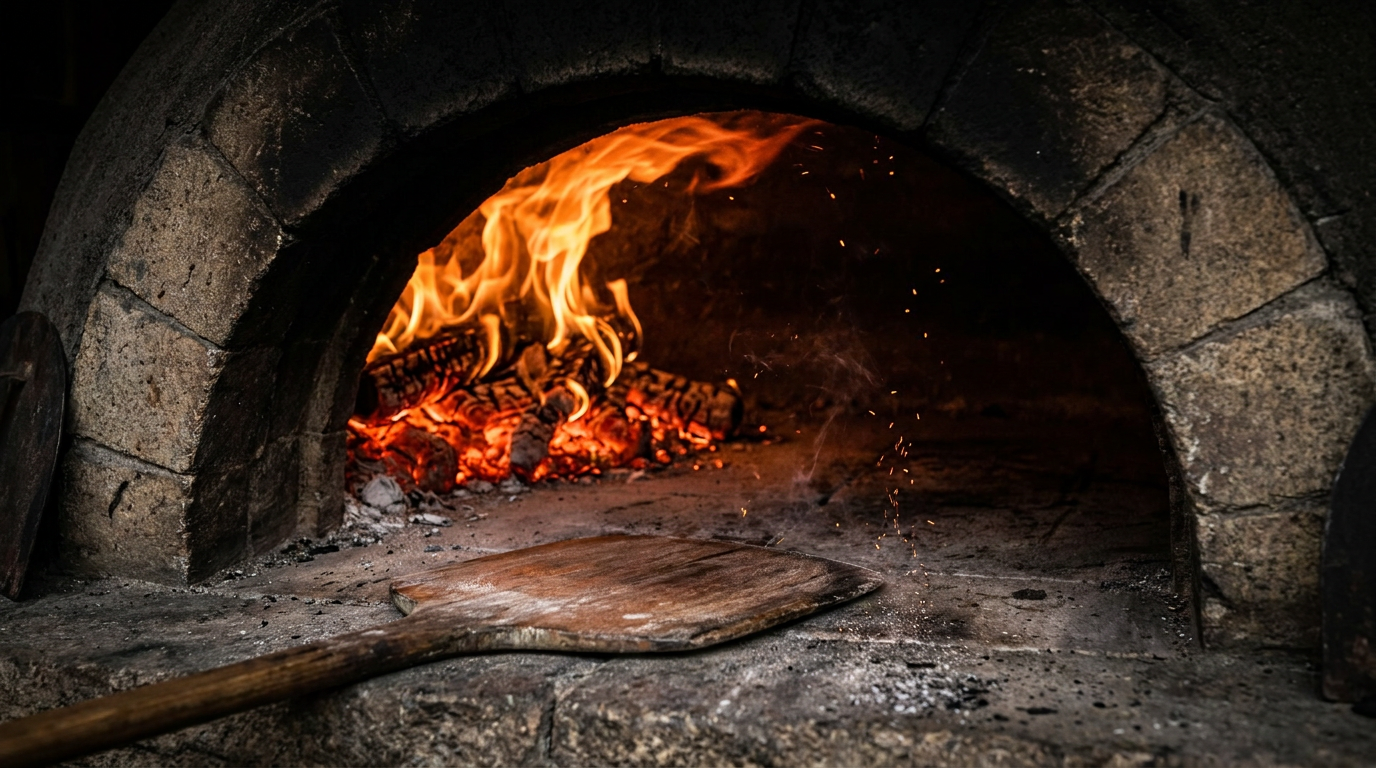 Forno a lenha aceso, brasa quente
